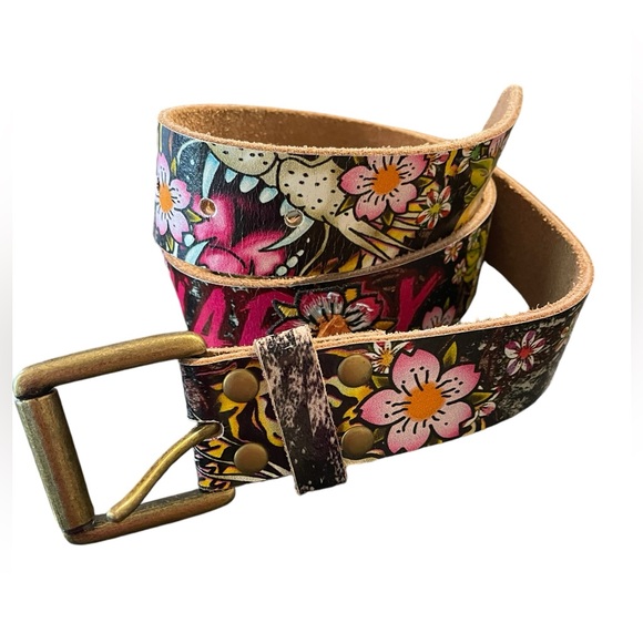 Ed Hardy Accessories - ED HARDY BY CHRISTIAN AUDIGIER  Floral Embroidered Leather Belt Size Medium
